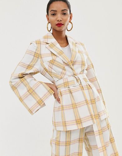 belted suit jacket in check print-Multi