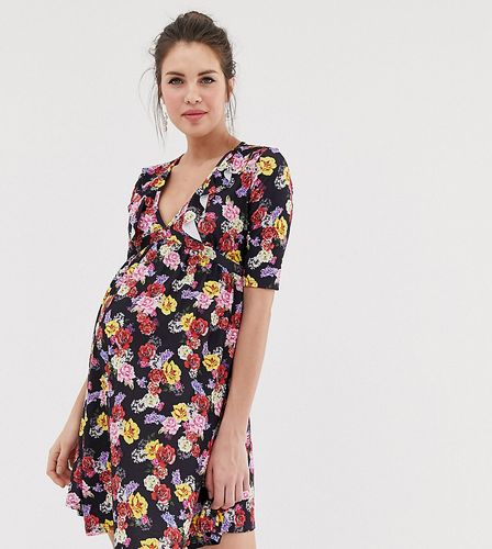 wrap over skater dress in floral print-Multi