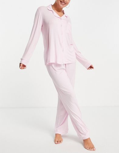 Pigiama lungo con top con rever e pantaloni in jersey di modal ecologico rosa