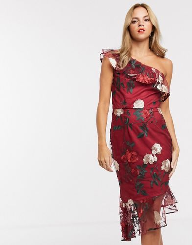 one shoulder midi dress in floral embroidery-Multi