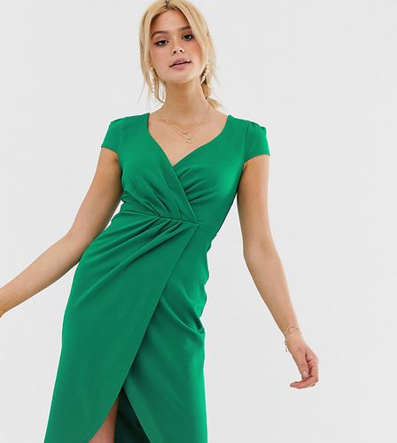 Bardot Wrap Over Pencil Midi Dress-Green