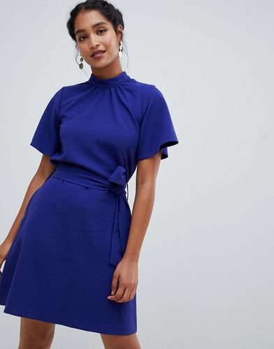 high neck short sleeve belted dress-Purple