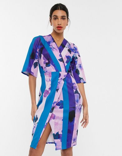 midi wrap dress with bell sleeve in floral-Multi