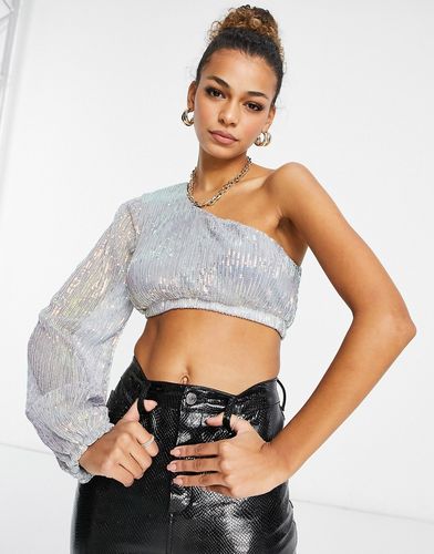 Crop top monospalla con manica a palloncino in paillettes blu