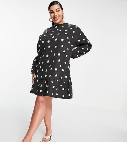 mini dress with peplum hem in daisy print-Black