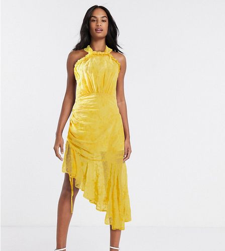 halter neck ruched midi dress in golden yellow