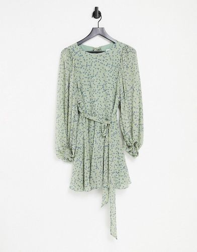 open back volume sleeve mini dress with tie waist in green ditsy floral-Multi