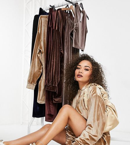 exclusive velour oversized hoodie dress with drawstring detail in camel-Brown