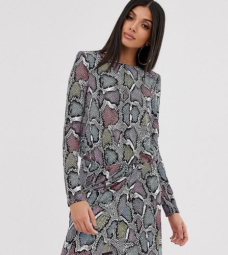 wrap front mini dress with statement shoulder in multi snake