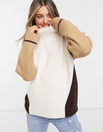 color block sweater in taupe multi-Brown