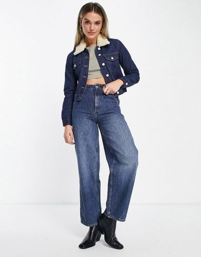 Palmira - Giacca di jeans corta color indaco con colletto in lana rimovibile-Blu
