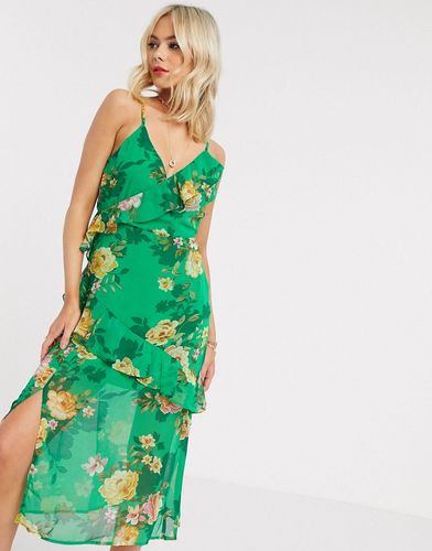 wrap front midi dress with ruffle detail in green floral