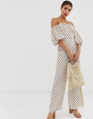 jumpsuit with puff sleeves in floral polka dot-White