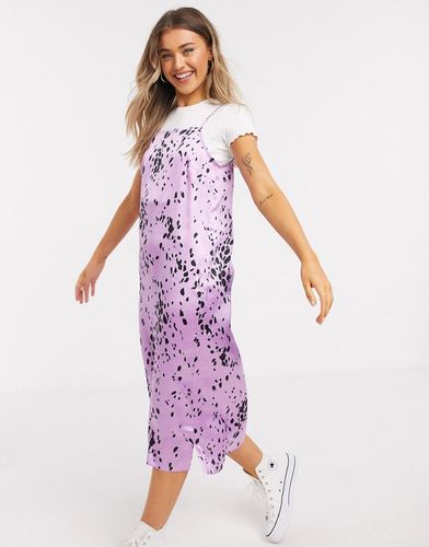 satin cami strap slip midi dress in lilac dalmation scatter print-Purple