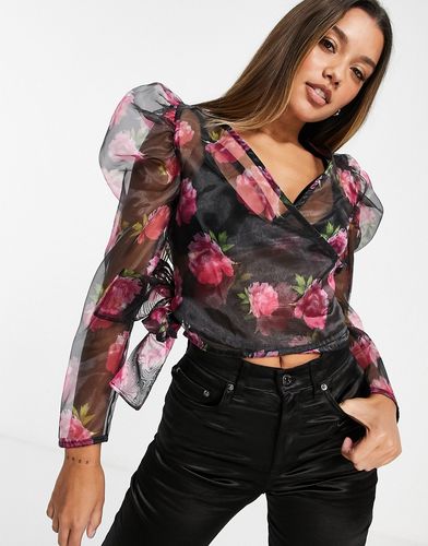 organza top with puff sleeve in black floral-Multi