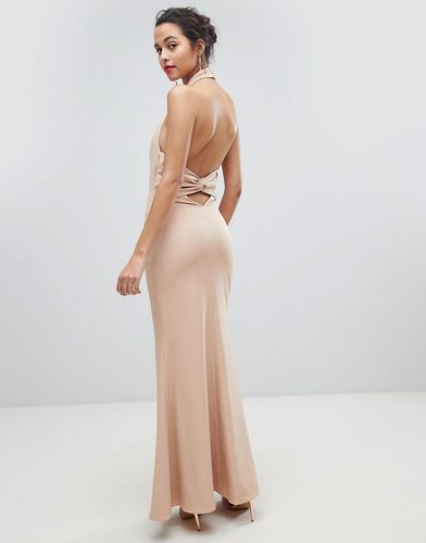 High Neck Ruched Open Back Maxi Dress-Pink