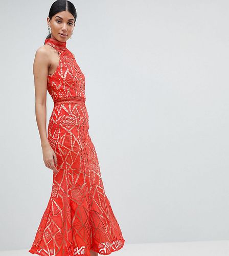 All Over Lace High Neck Fishtail Detail Dress-Orange