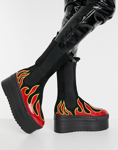 flame print chunky boots in black