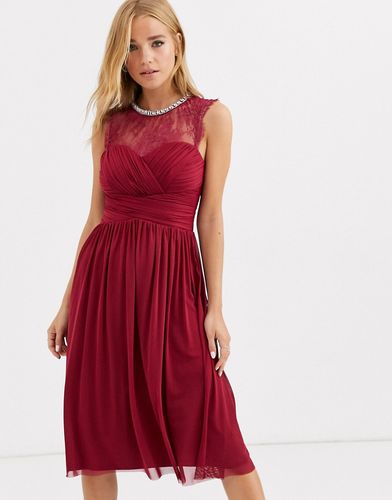 ruched midi dress with lace yolk and embellished neck in berry-Red