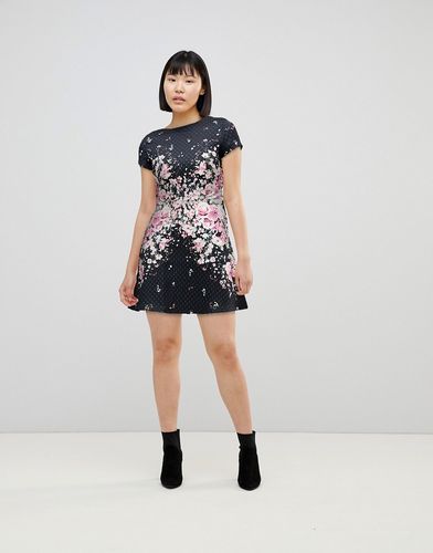 Textured Midi Skater Dress with Floral Placement Trim-Multi