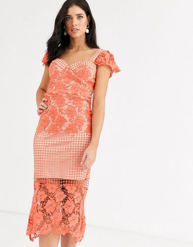 lace panel midi dress in coral-Orange