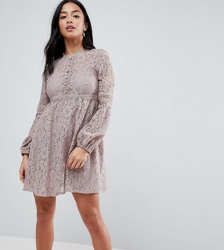 All Over Lace Smock Dress With Bell Sleeve Detail-Gray