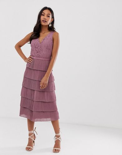 v neck all over lace midi dress-Pink