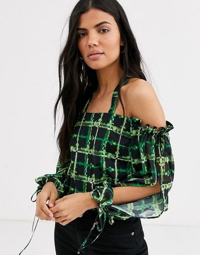 cold shoulder top in neon grid print-Multi