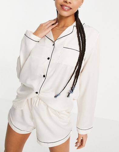 Mix and Match - Camicia del pigiama in raso crema con profili neri-Bianco