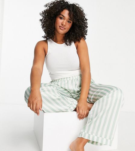 Plus - Pantaloni del pigiama in raso a righe verde salvia e crema in coordinato