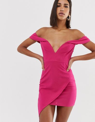 scuba bardot plunge mini dress with asymmetric wrap skirt in raspberry-Pink