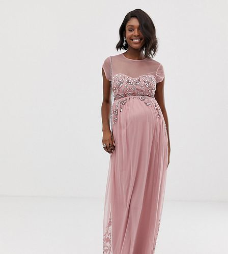 all over premium embellished mesh cap sleeve maxi dress in vintage rose-Pink