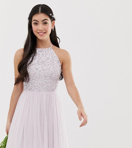 Bridesmaid halter neck mini tulle dress with tonal delicate sequins in soft lilac-Purple