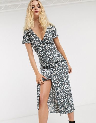 button front midi dress in ditsy floral-Navy