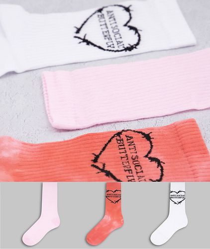 Confezione da 3 paia di calzini con scritta "Antisocial Butterfly" rosa tie-dye multicolore