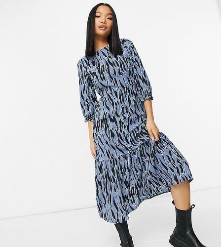 tiered midi dress in blue zebra print-Blues