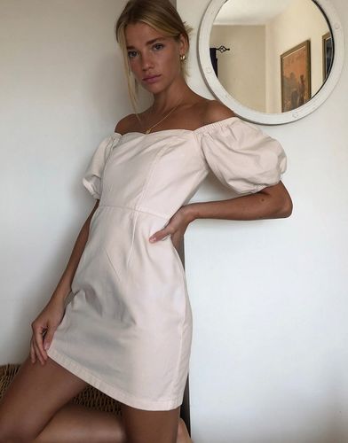 puff sleeve denim mini dress in ecru-White