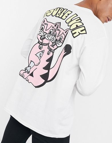 double luck cat backprint long sleeve T-shirt in white