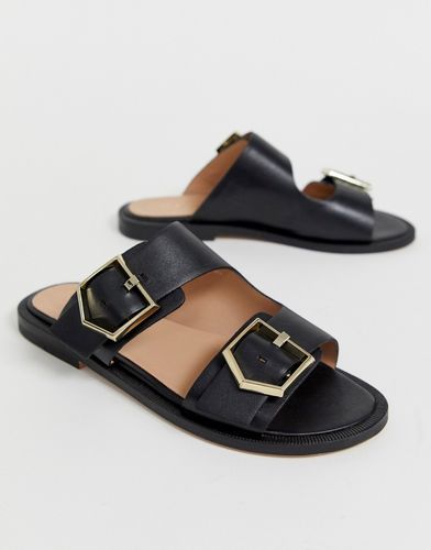 Sage leather black buckle flat slip on mules-Multi