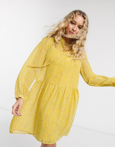 chiffon smock dress with neck tie in yellow ditsy floral-Multi