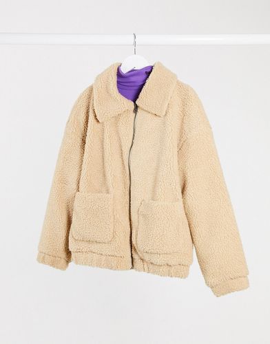 pocket detail teddy jacket in sand-Brown
