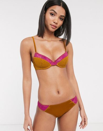 Reggiseno in raso e pizzo color block giallo dorato-Multicolore