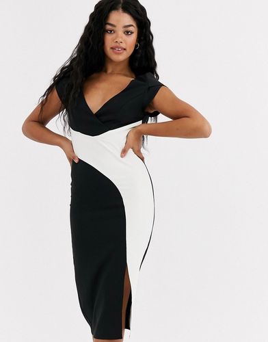 wrap midi dress with split in black and white-Multi