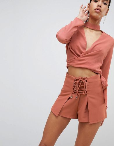 Wrap Front Shorts With Corset Detail Two-Piece-Brown