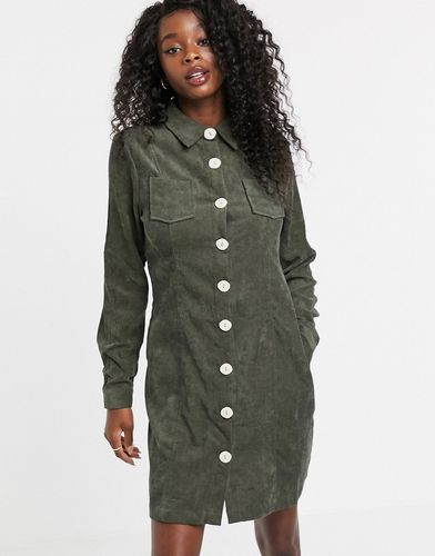 cord button front shirt dress in khaki-Green