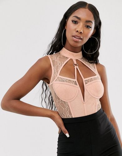 lace binding high neck bodysuit in soft pink