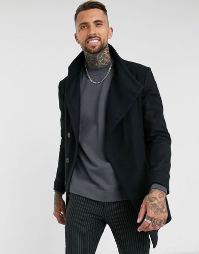 asymmetrical funnel neck coat in black