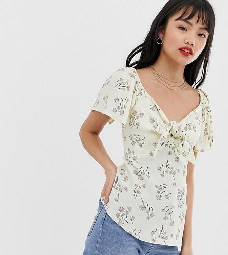 Blusa a fiori con nodo frontale-Bianco