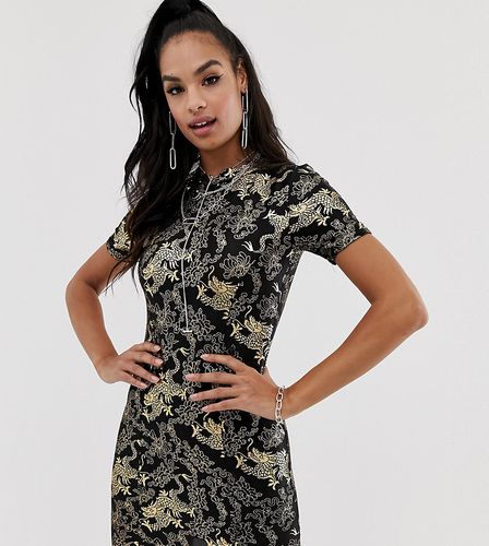 high neck mini dress with dragon print-Navy