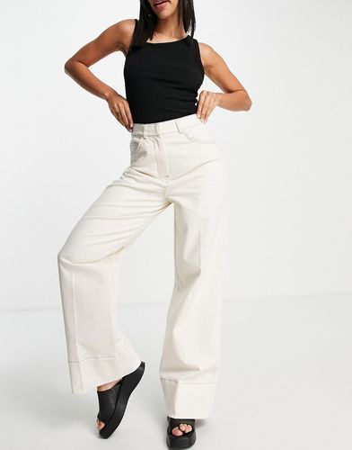 Femme - Pantaloni sartoriali a fondo ampio in cotone organico crema con cuciture a contrasto-Bianco
